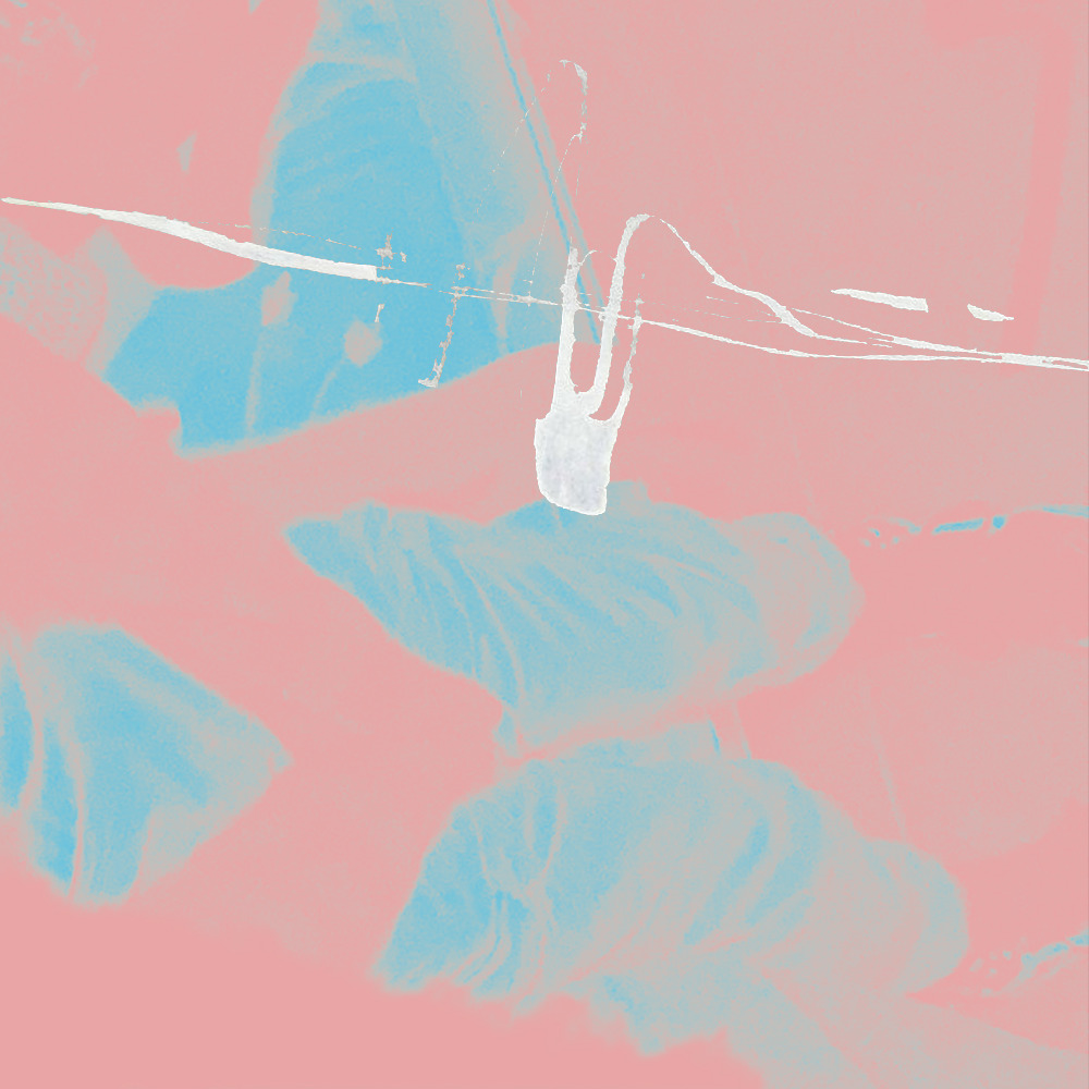 A pastel pink image with soft cyan shapes and a lone line and blotch of white paint