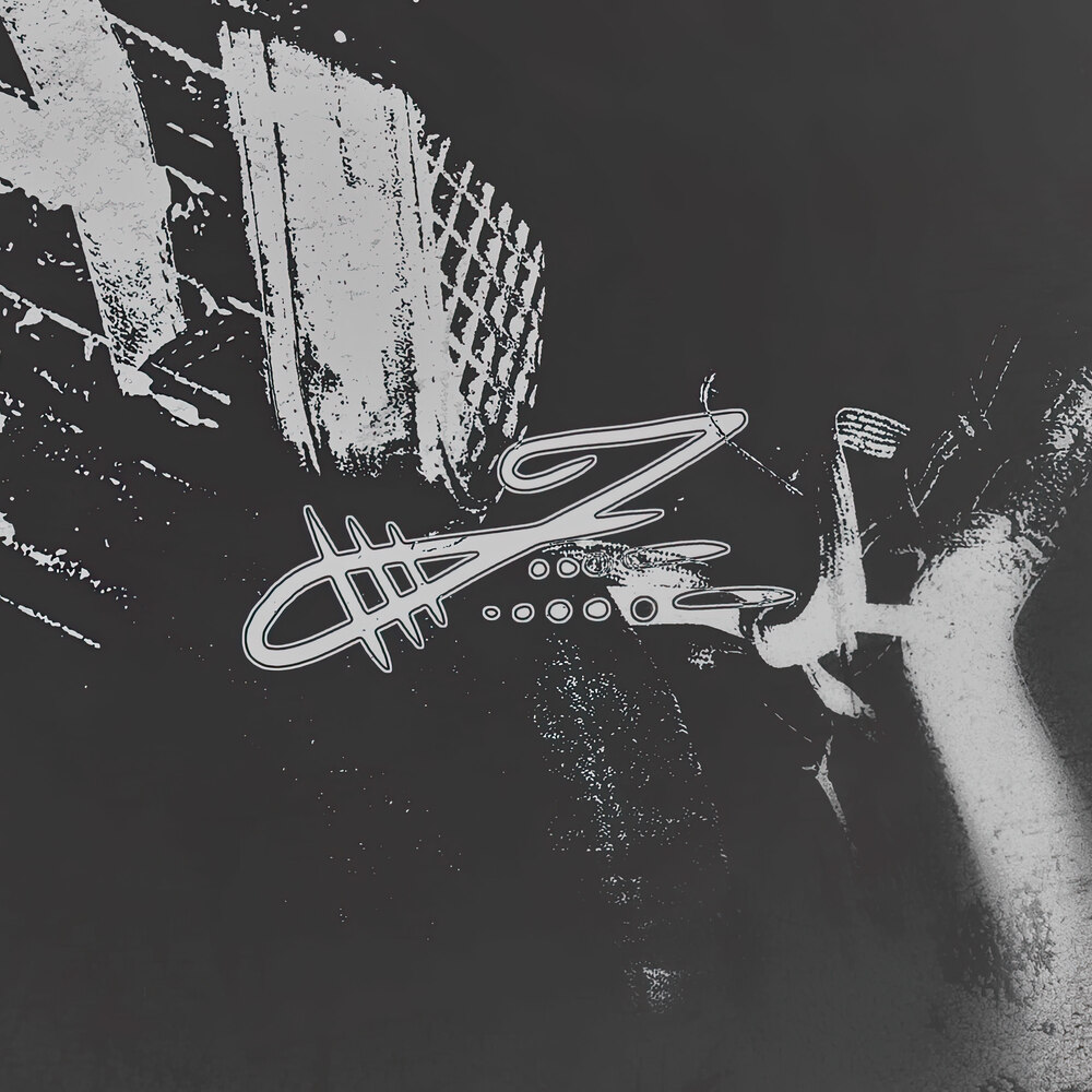 Grungy duotone image of dark and light grey with an abstract symbol