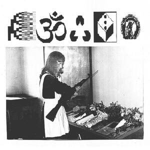 A black and white collage artwork. There are five symbolic images in the top region, including the Sanskrit 'Om' or 'Aum'. Underneath these 5 images is a photograph of a woman holding an AK-47. She is standing in front of a table of flowers