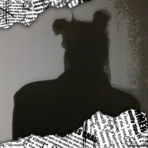 A shadow of a figure vignetted by torn newspaper clippings