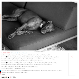 A photograph of a dog sleeping on a couch. Beneath the image is text listing songs, artists involved and other miscellaneous information similar to a CD album sleeve