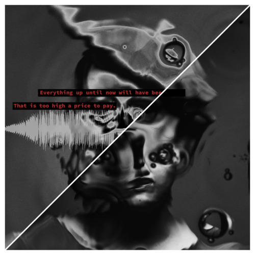 An image of a face refracted through water. It is split diagonally, the two images are almost identical. The one has an overlain audio spectrum with red text, the other is just the image.