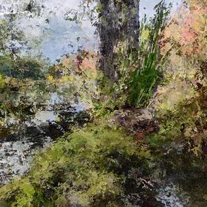 A photograph of a landscape with what seems to be a tree in the foreground. The image is distorted beyond certain recognition. One can only infer what is behind the intense jittering glitches.